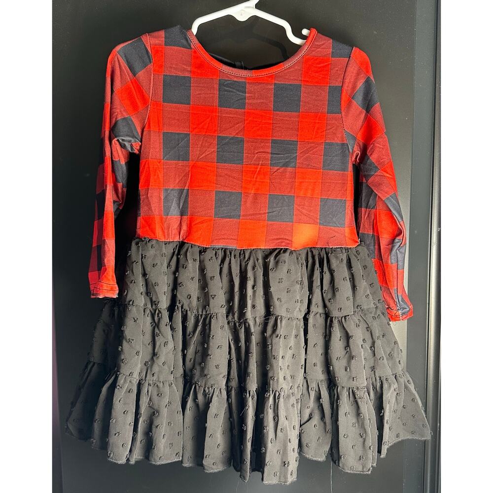 NWT-Boutique Girls XS/12-18M Buffalo Plaid and Textured Black Skirt Dress
